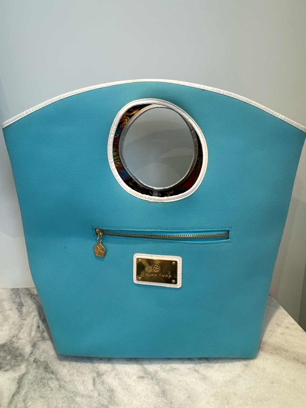 Turquoise Beach Pool Purse Tote with Circular Handle Gold Zipper by Trina Turk